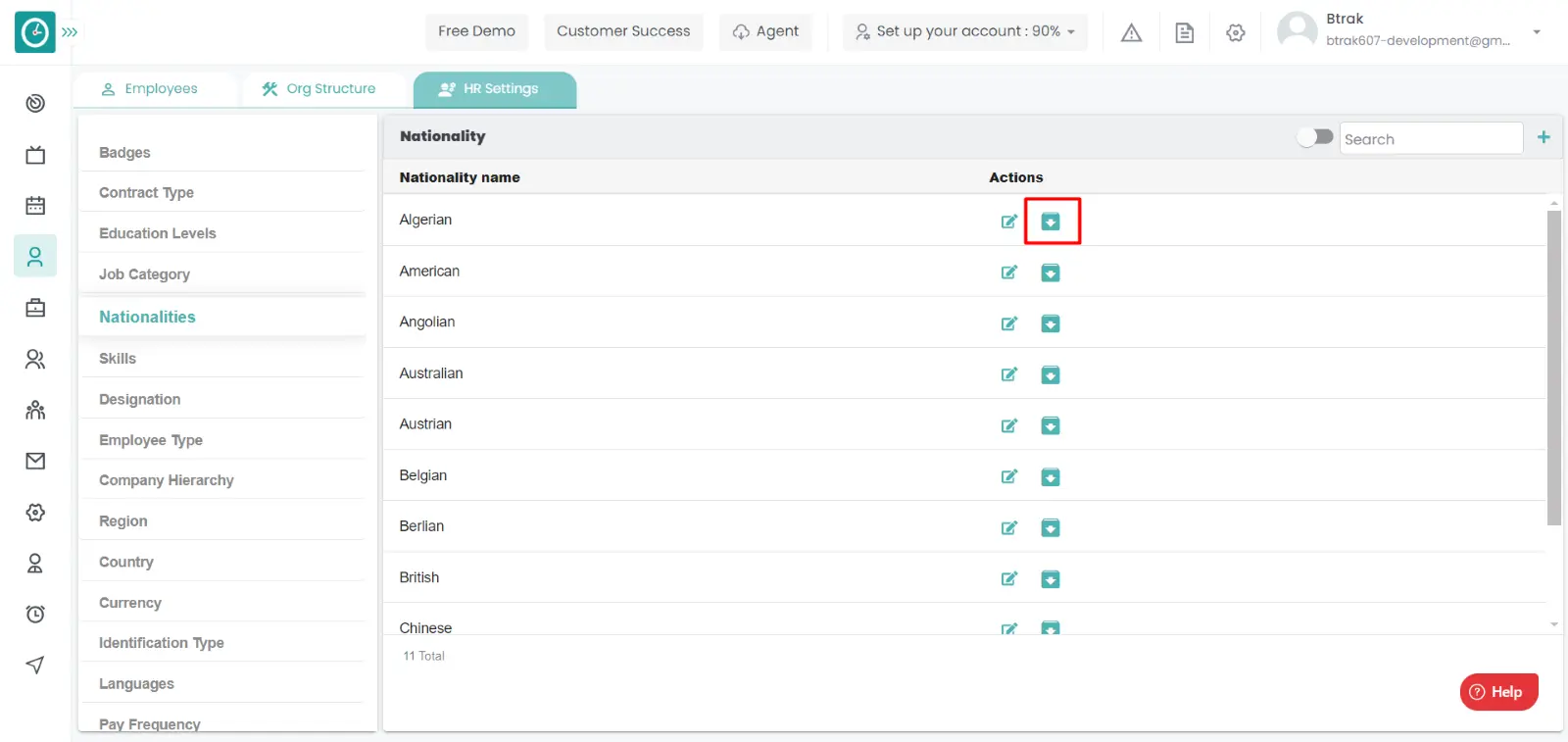 Settings nationality